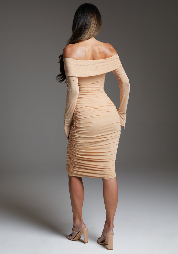 Bebe Bebe Off Shoulder Mesh Midi Dress Embellished With Crystals By Swarovski