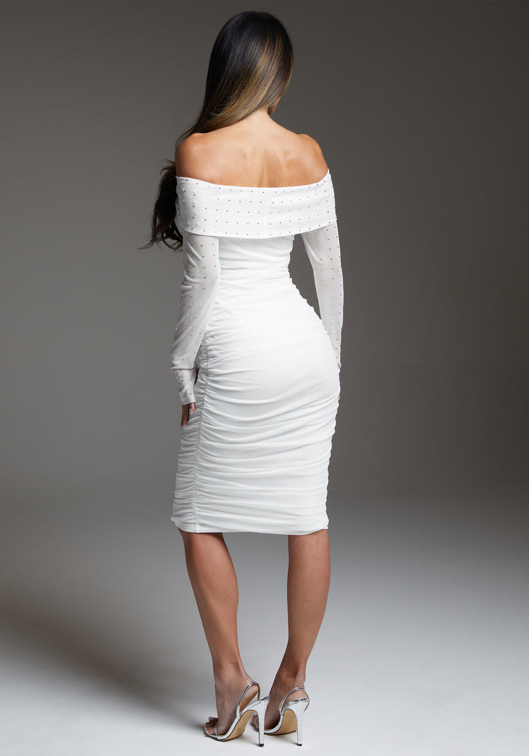 Bebe Bebe Off Shoulder Mesh Midi Dress Embellished With Crystals By Swarovski