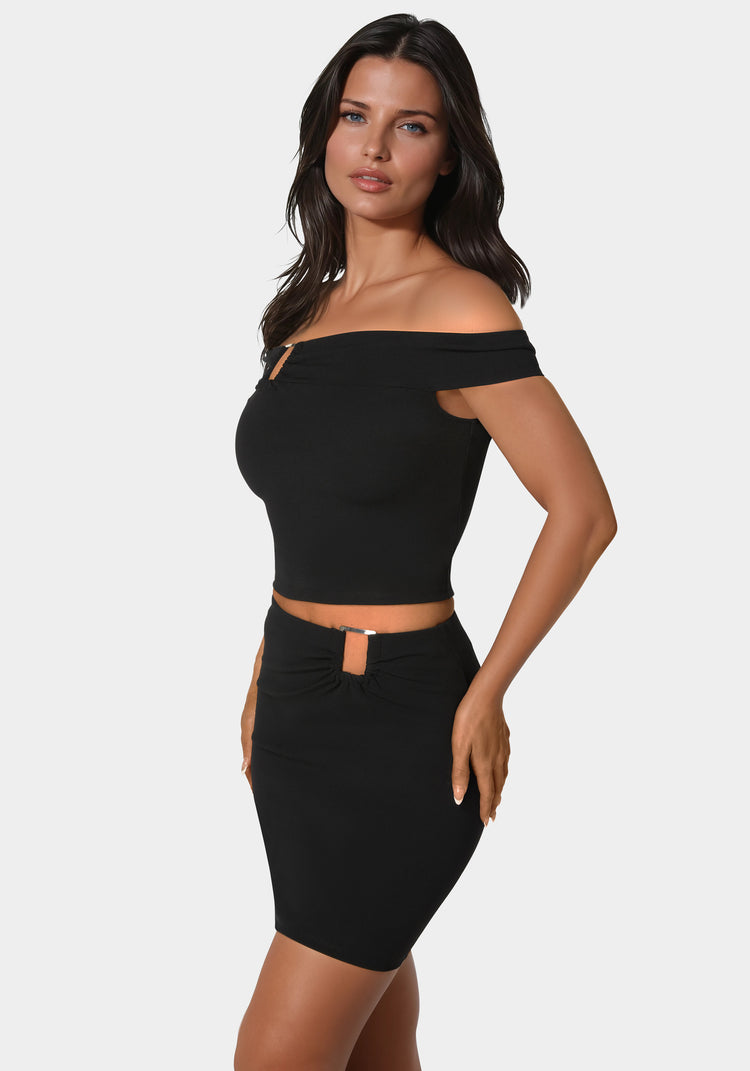 Bebe Off Shoulder Metal Trim Top And Skirt