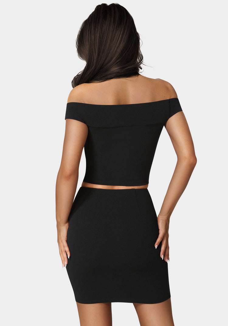 Bebe Off Shoulder Metal Trim Top And Skirt