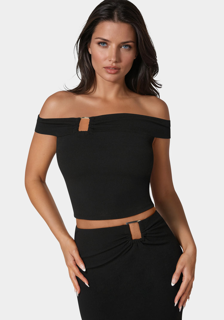 bebe Off Shoulder Metal Trim Top And Skirt