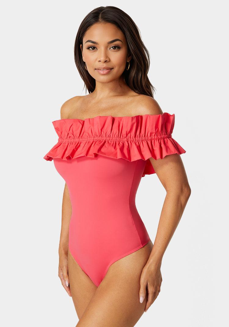 Bebe Off Shoulder Poplin Ruffle Knit Bodysuit