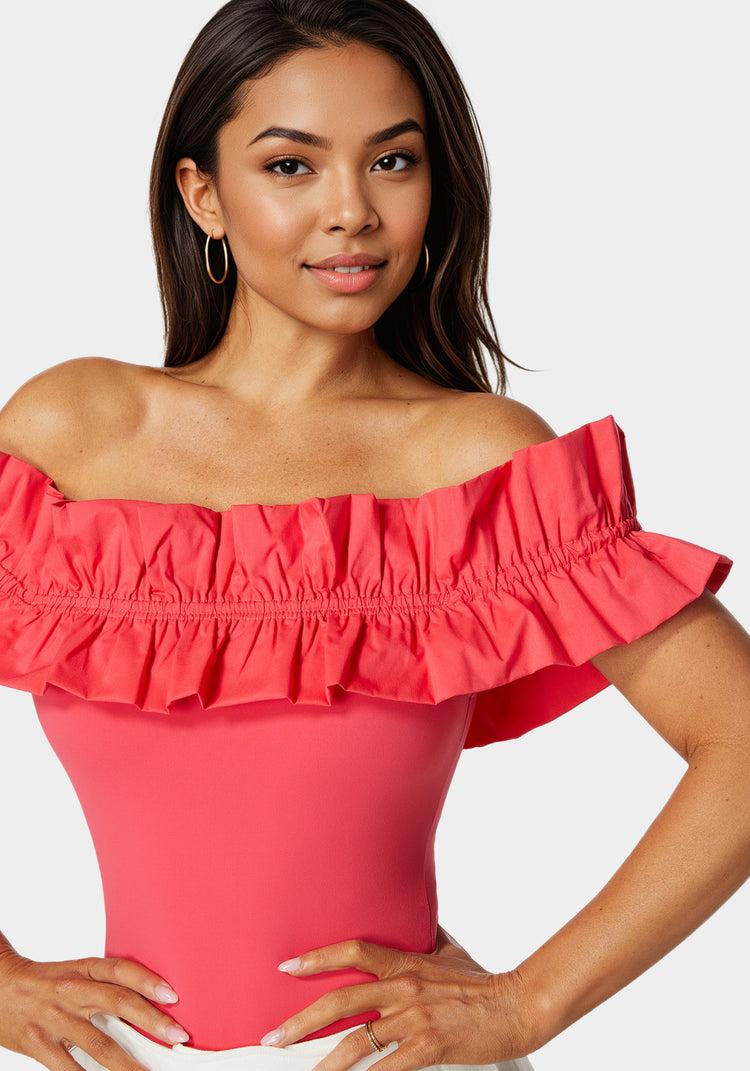 Bebe Off Shoulder Poplin Ruffle Knit Bodysuit