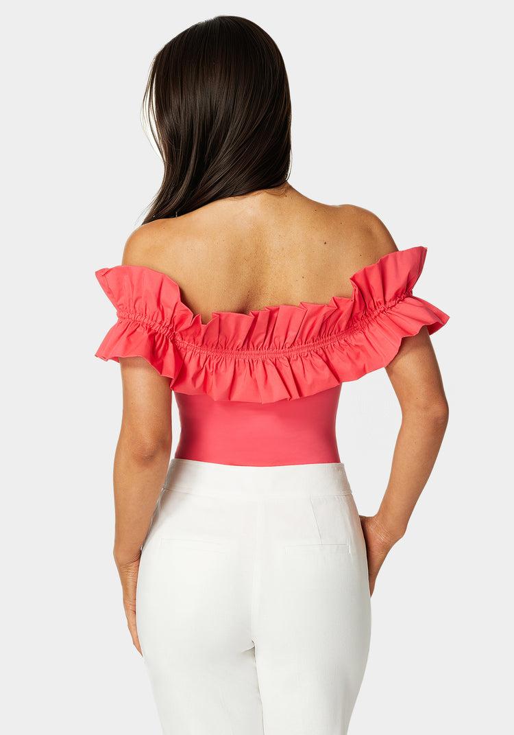 Bebe Off Shoulder Poplin Ruffle Knit Bodysuit