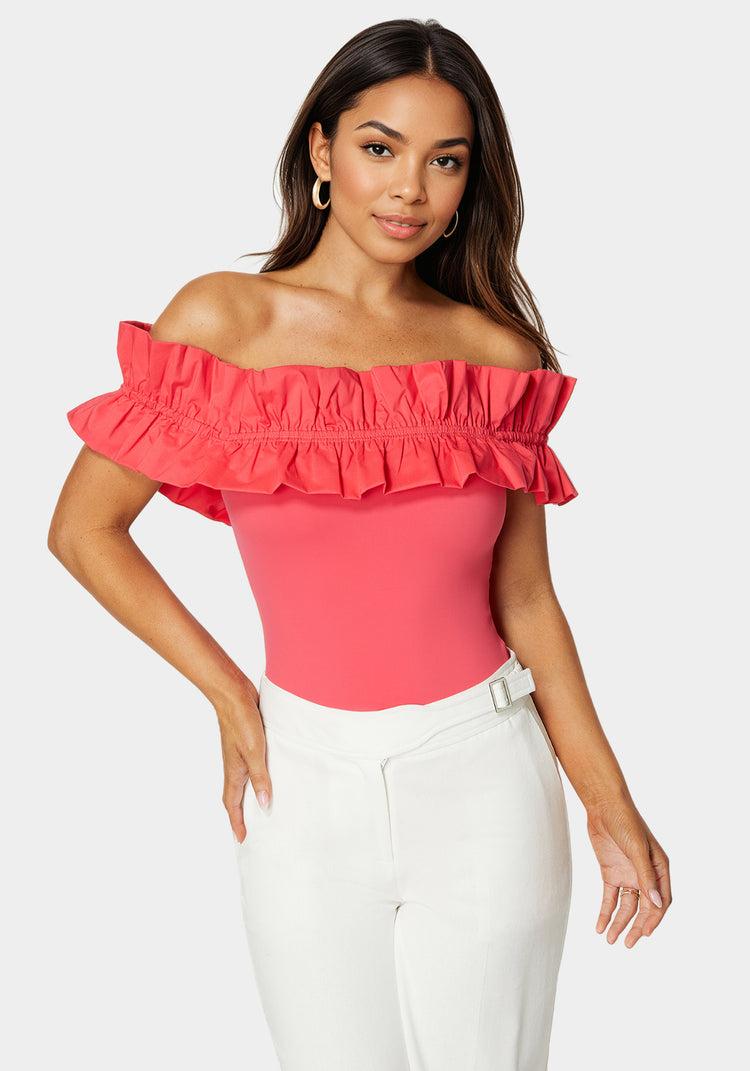 bebe Off Shoulder Poplin Ruffle Knit Bodysuit