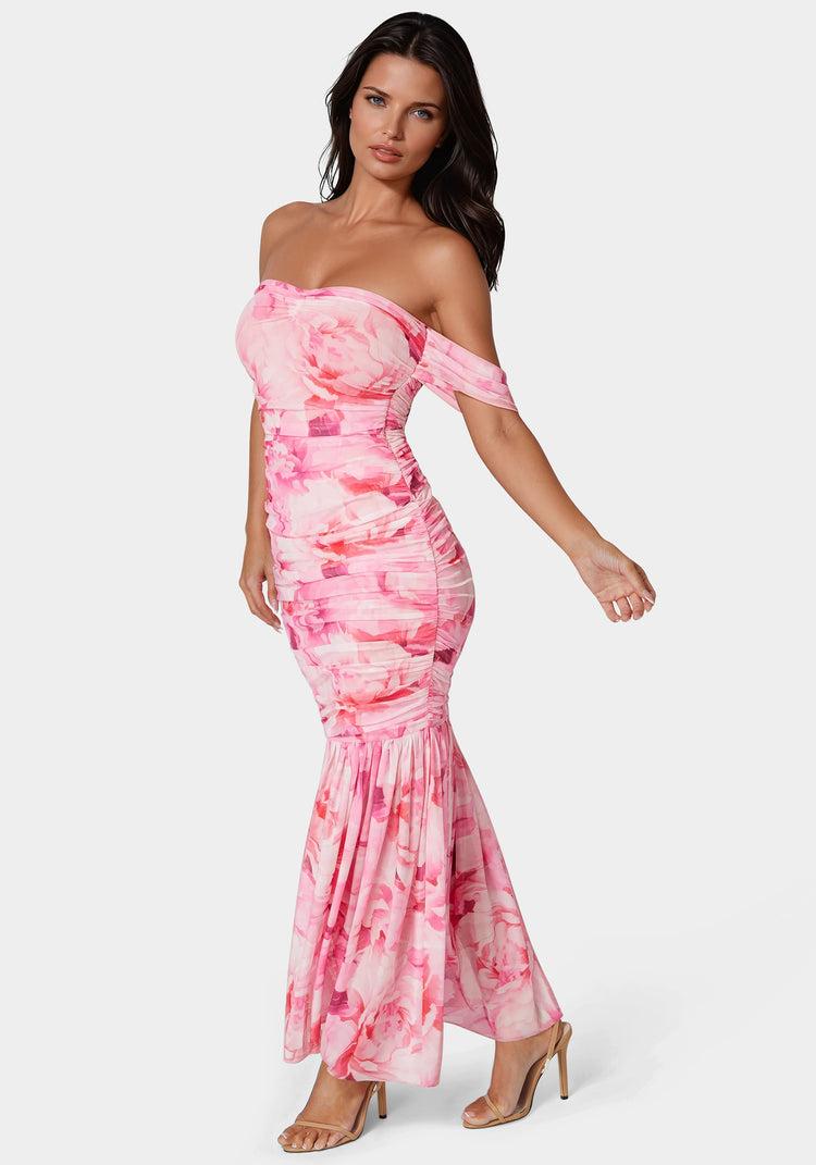 Bebe Off Shoulder Ruched Mesh Gown