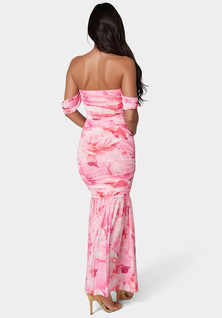 Bebe Off Shoulder Ruched Mesh Gown