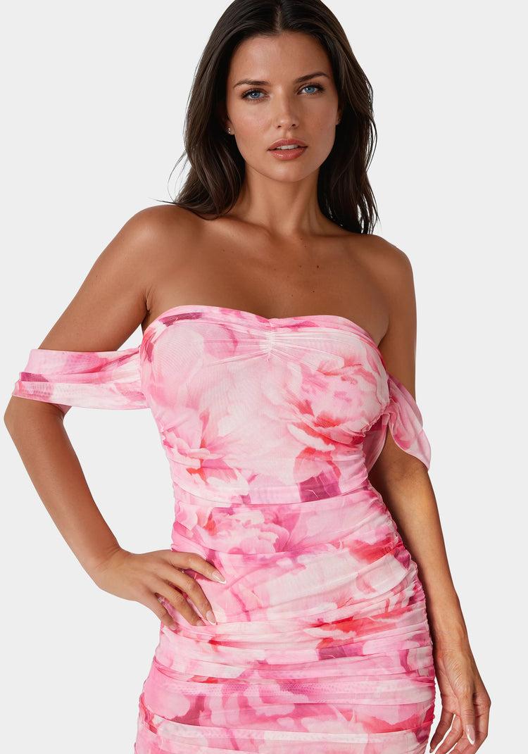 Bebe Off Shoulder Ruched Mesh Gown