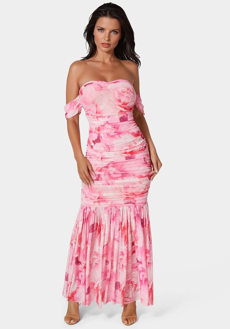 bebe Off Shoulder Ruched Mesh Gown