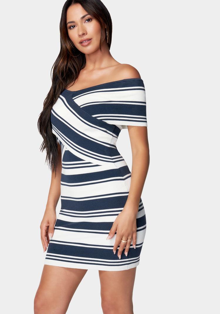 Bebe Off Shoulder Striped Sweater Dress