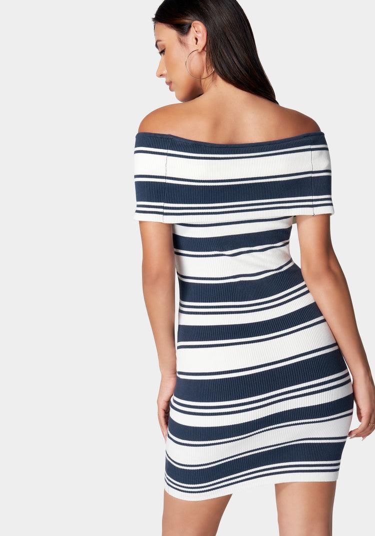 Bebe Off Shoulder Striped Sweater Dress