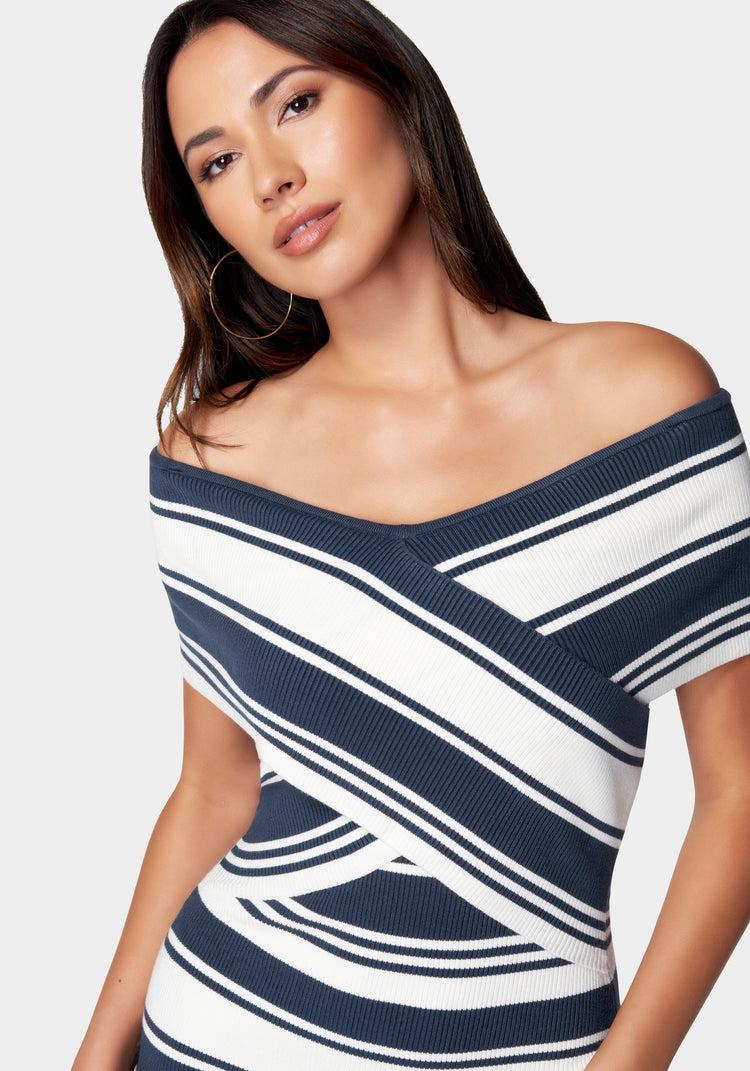 Bebe Off Shoulder Striped Sweater Dress