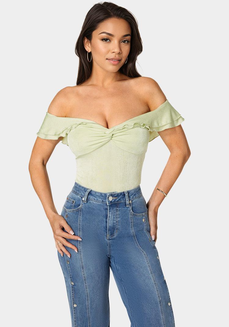 bebe Off Shoulder Twisted Front Top