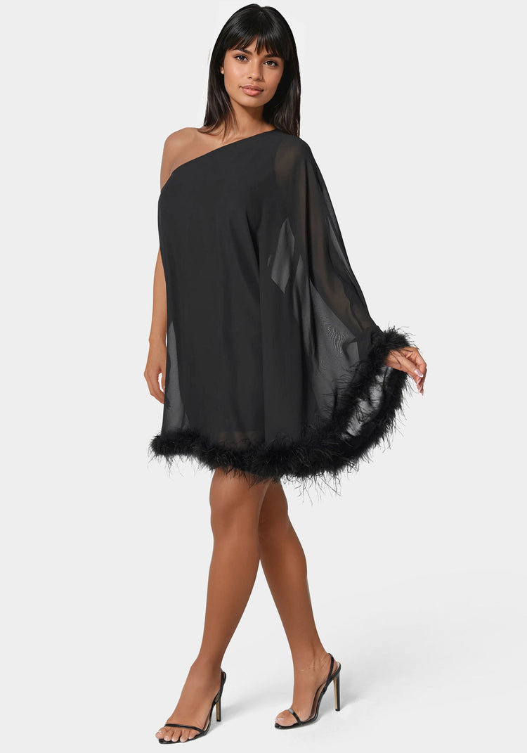 Bebe One Shoulder Feather Cape Dress