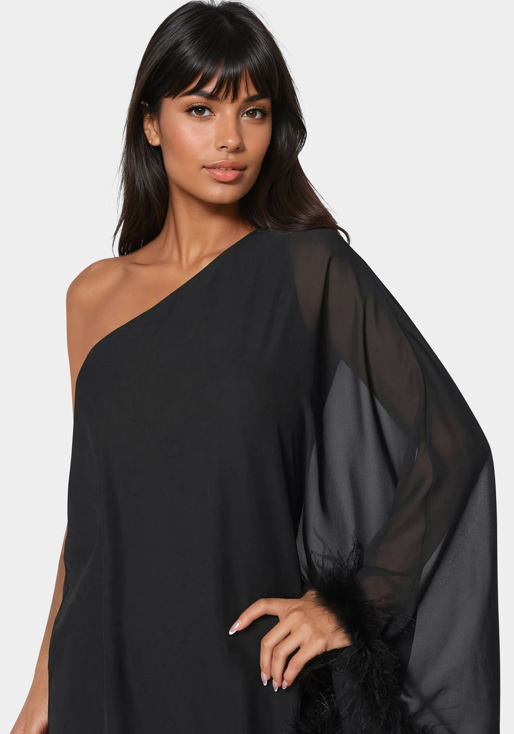 Bebe One Shoulder Feather Cape Dress