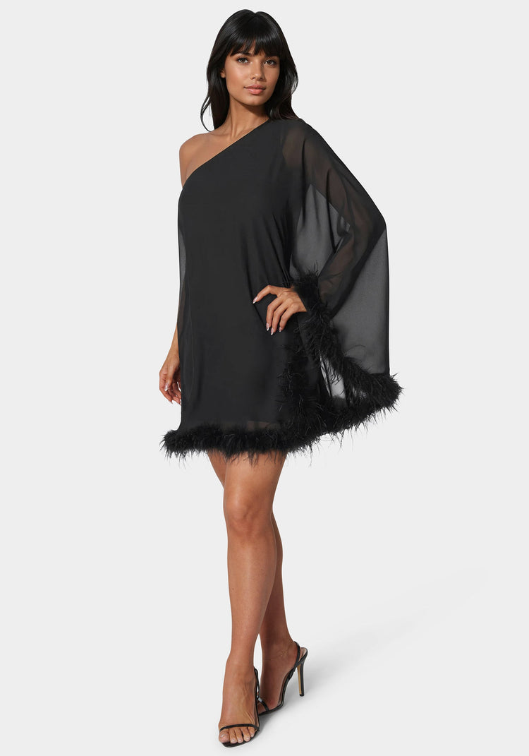 bebe One Shoulder Feather Cape Dress