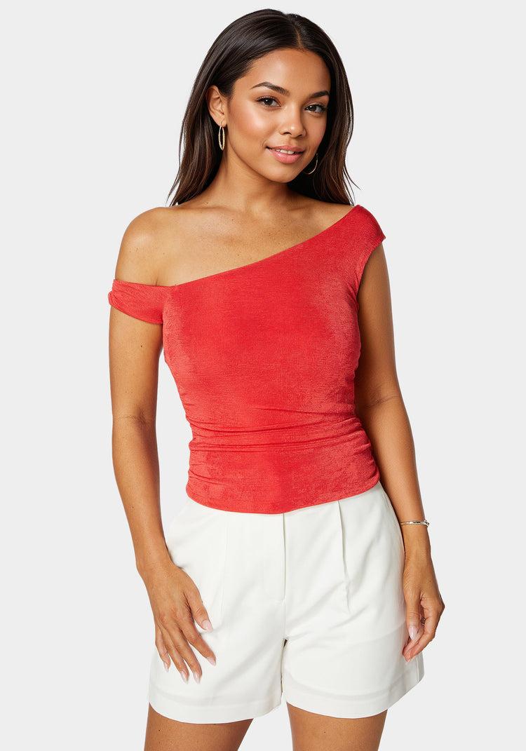 bebe One Shoulder Ruched Knit Top