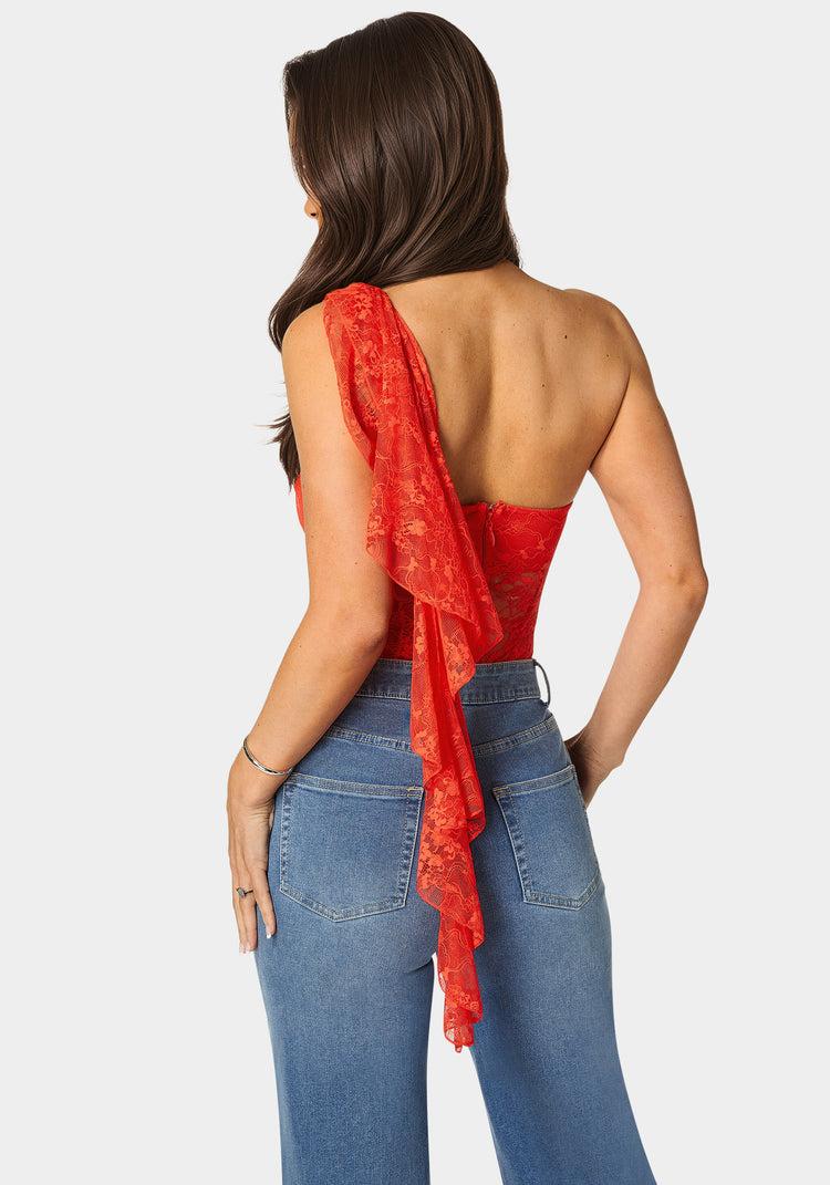bebe One Shoulder Ruffle Lace Bodysuit