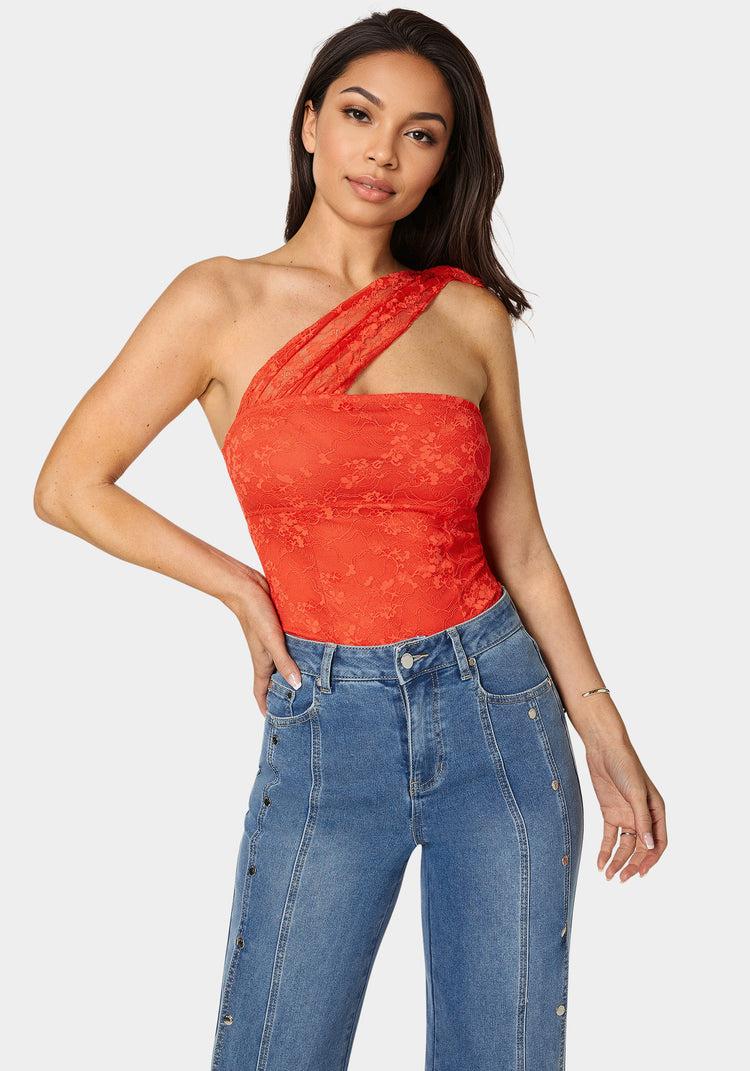 bebe One Shoulder Ruffle Lace Bodysuit