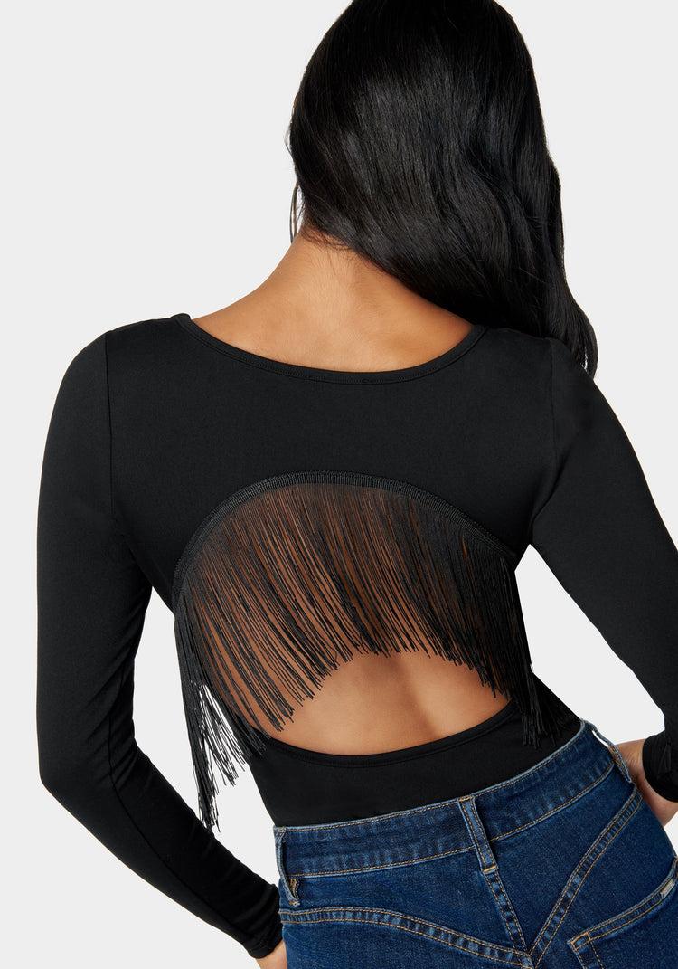 Bebe Open Back Fringe Trim Bodysuit