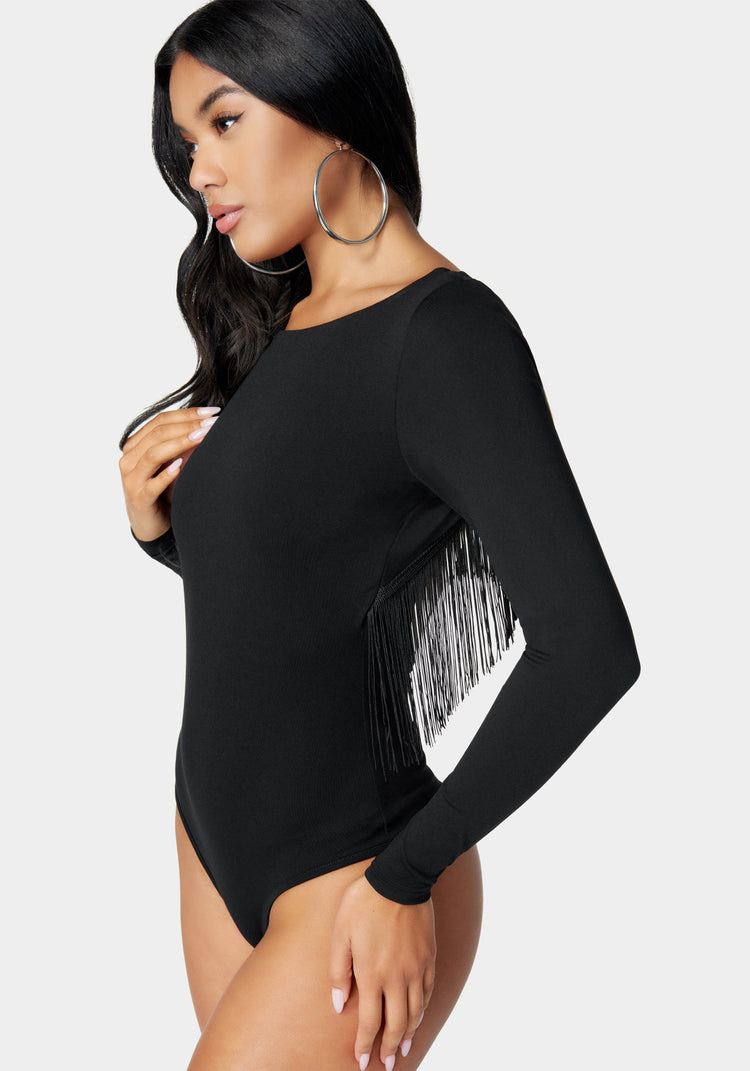 Bebe Open Back Fringe Trim Bodysuit