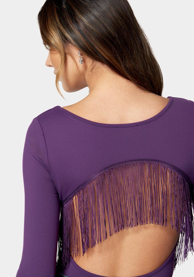 Bebe Open Back Fringe Trim Bodysuit