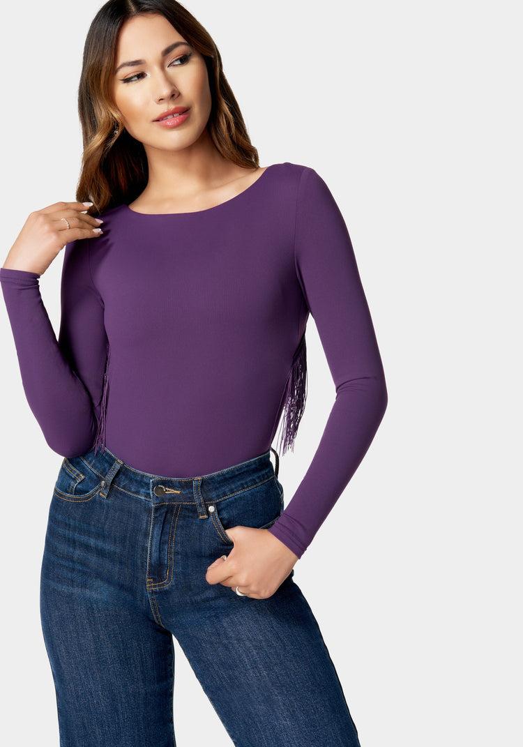 Bebe Open Back Fringe Trim Bodysuit