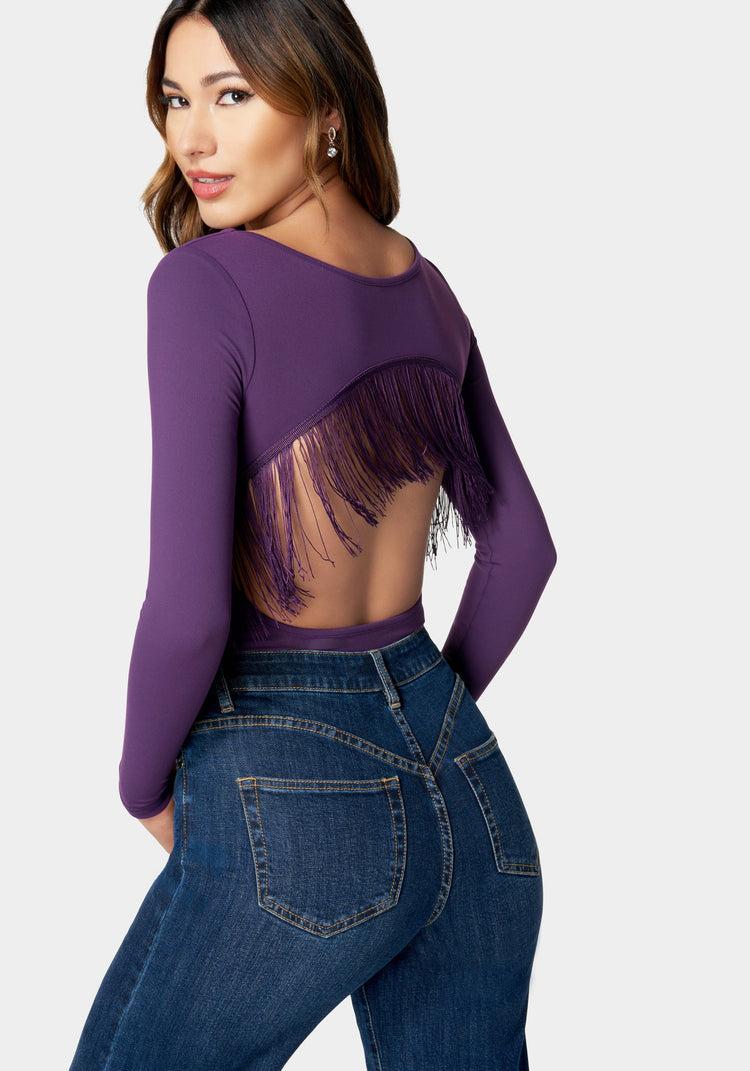 bebe Open Back Fringe Trim Bodysuit