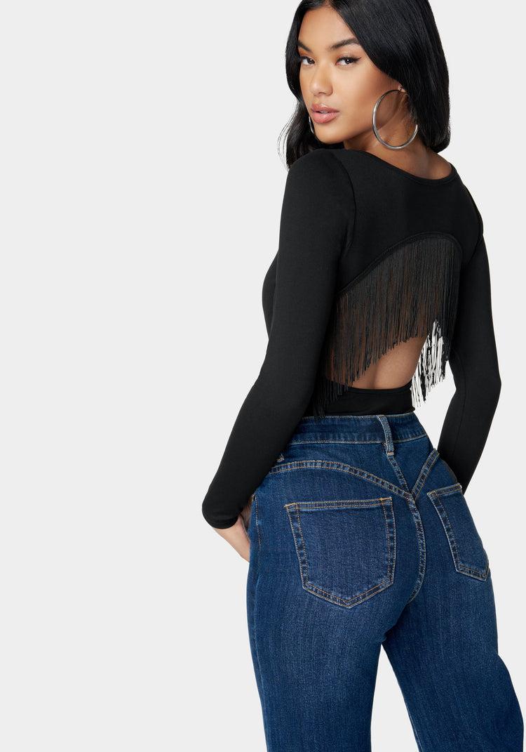 bebe Open Back Fringe Trim Bodysuit