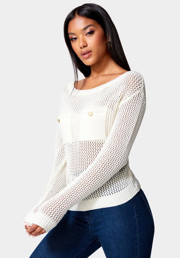Bebe Open Knit Pocket Detail Sweater