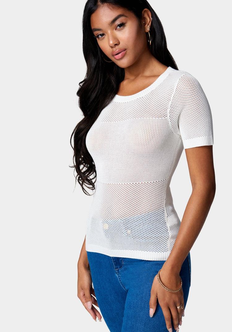 Bebe Open Knit Short Sleeve Sweater