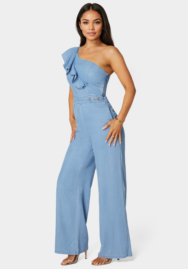 Bebe Palazzo Leg One-Shoulder Ruffle Jumpsuit