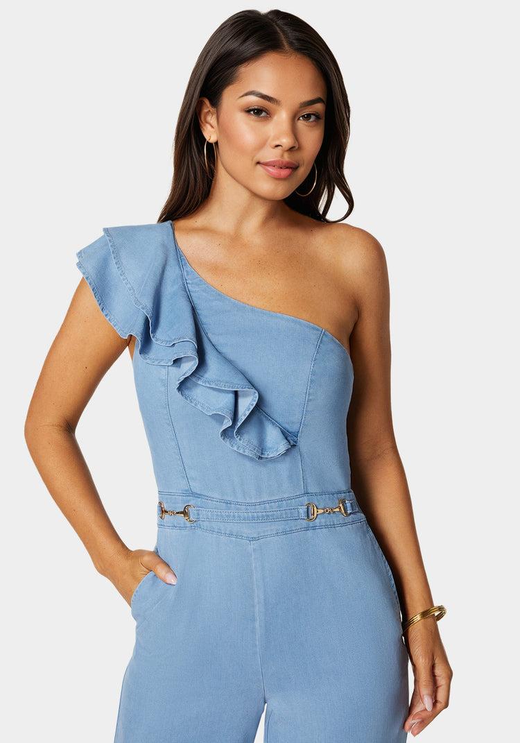 Bebe Palazzo Leg One-Shoulder Ruffle Jumpsuit