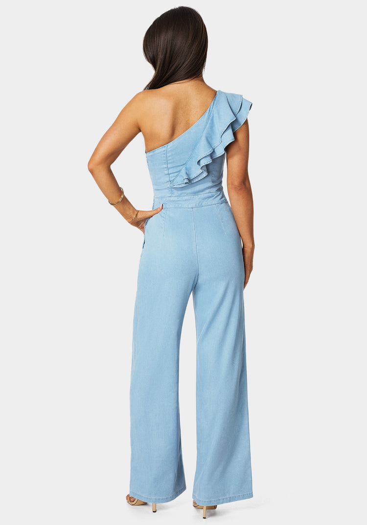 Bebe Palazzo Leg One-Shoulder Ruffle Jumpsuit