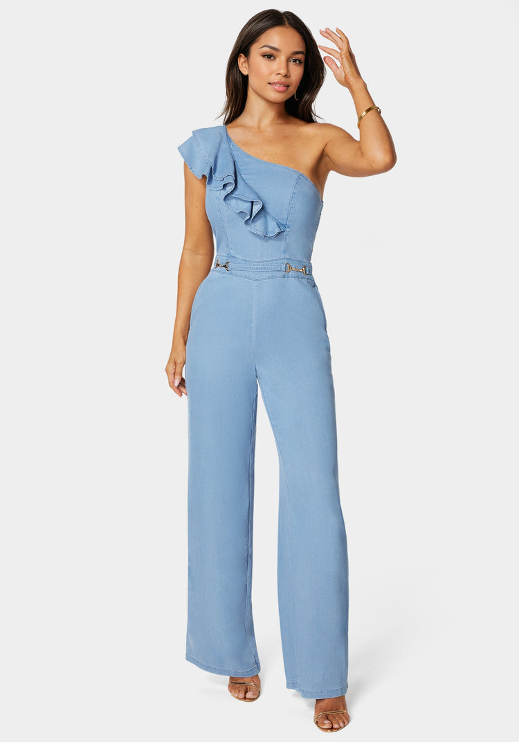 bebe Palazzo Leg One-Shoulder Ruffle Jumpsuit