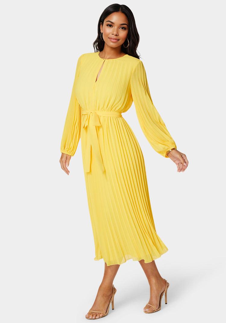 Bebe Pleated Gown With Long Sleeves