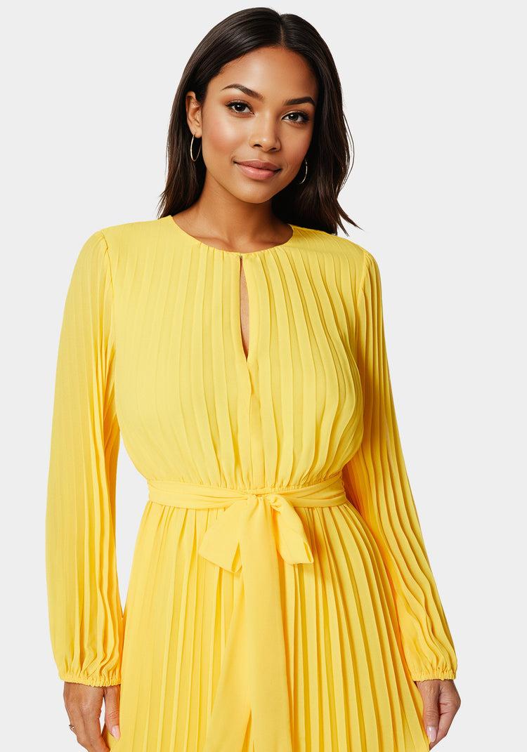 Bebe Pleated Gown With Long Sleeves