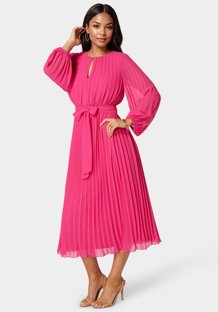 Bebe Pleated Gown With Long Sleeves