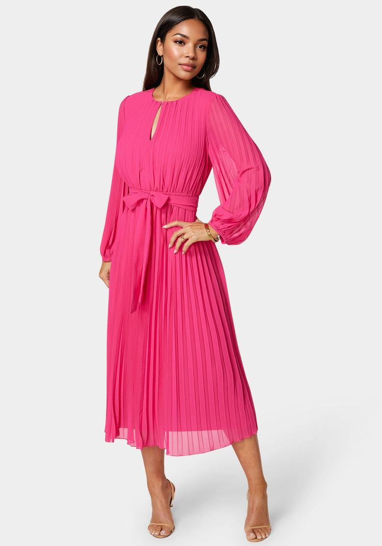 bebe Pleated Gown With Long Sleeves