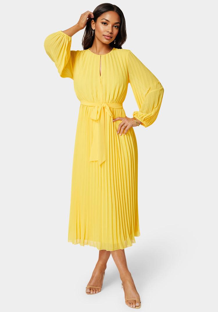 bebe Pleated Gown With Long Sleeves