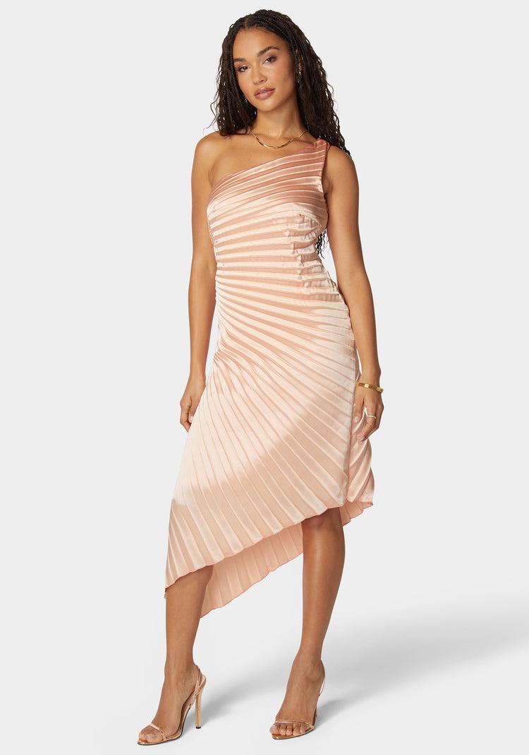 Bebe Pleated One Shoulder Gown