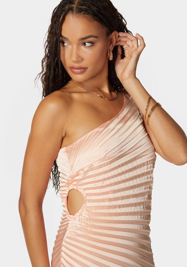Bebe Pleated One Shoulder Gown
