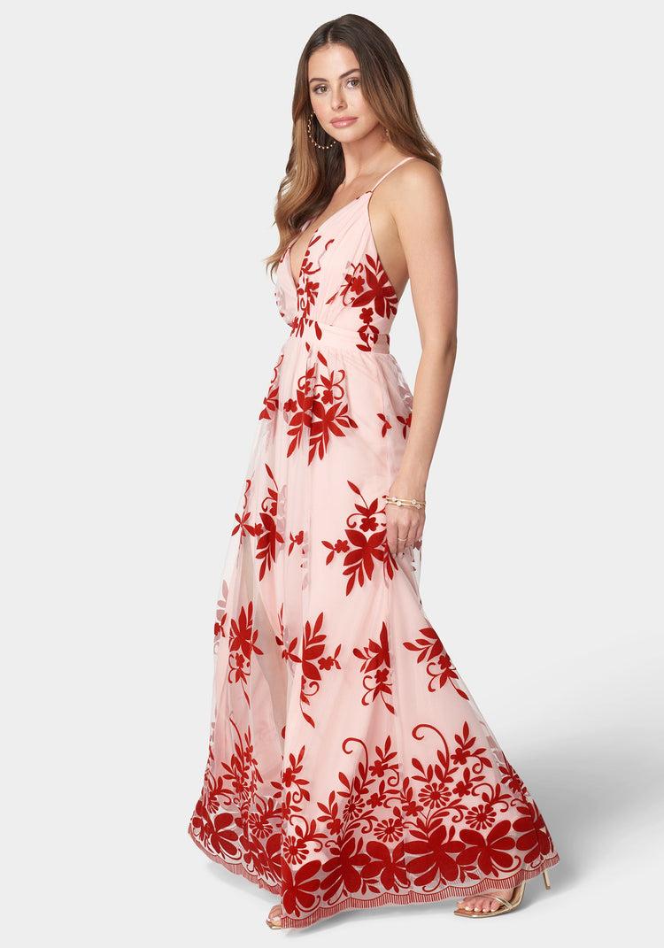 Bebe Plunge Neck Embroidered Maxi Dress