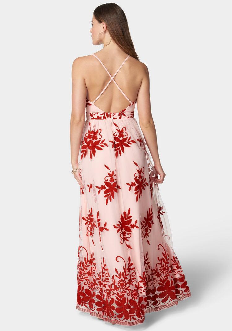 Bebe Plunge Neck Embroidered Maxi Dress