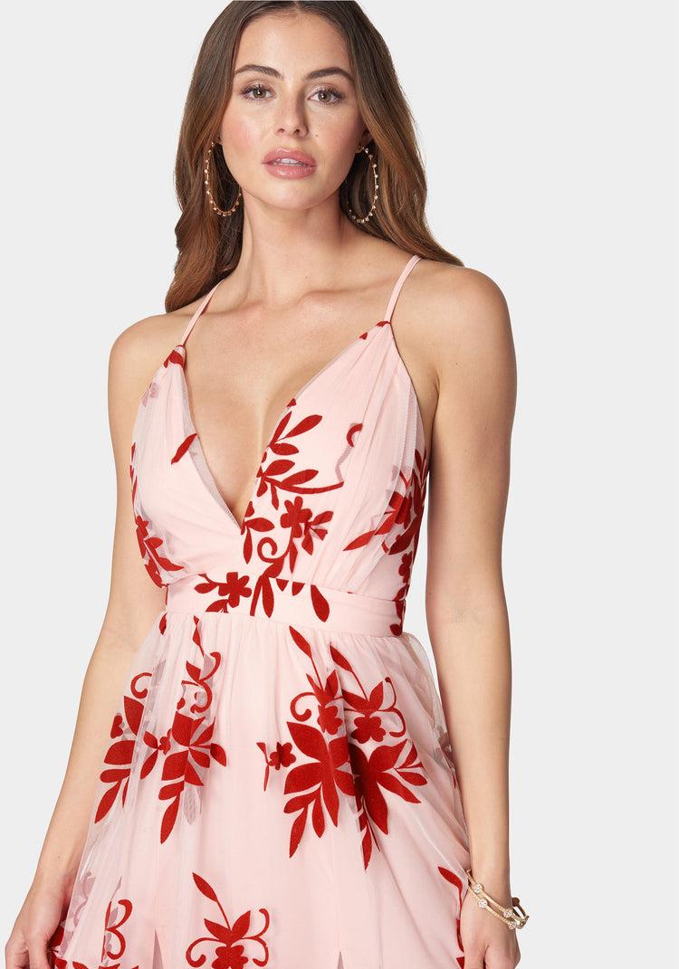 Bebe Plunge Neck Embroidered Maxi Dress