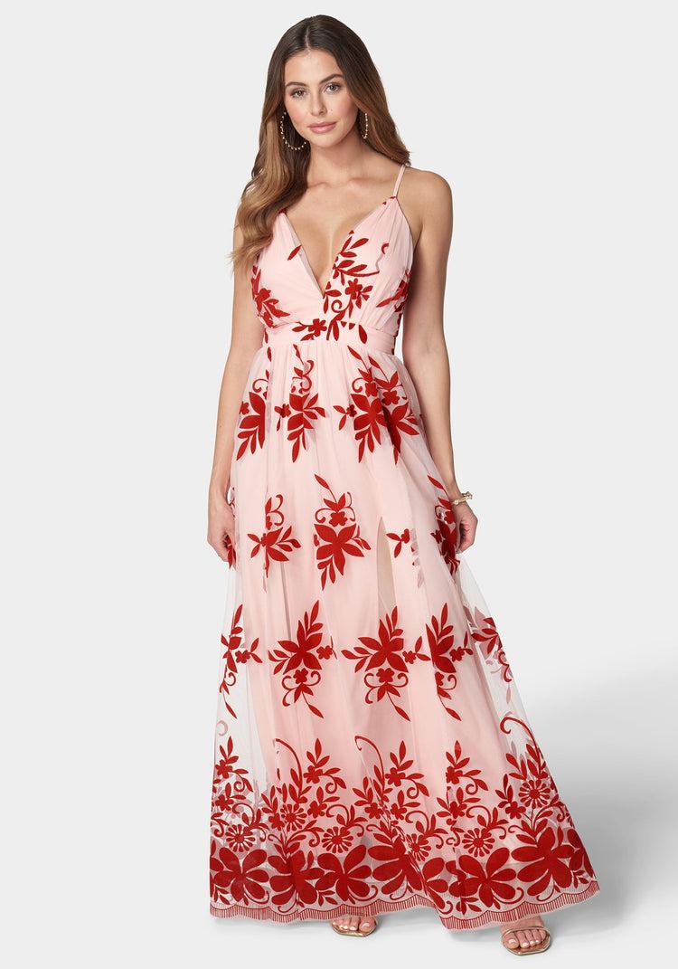 bebe Plunge Neck Embroidered Maxi Dress