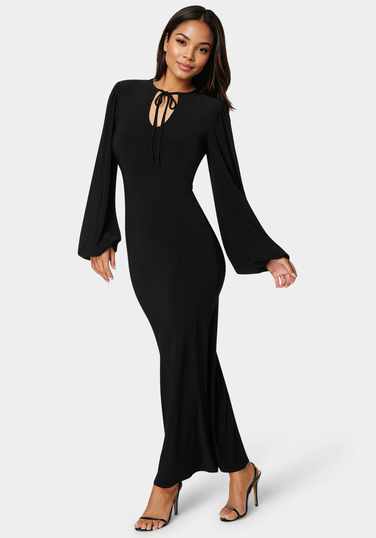 Bebe Poet Sleeve Tie Neck Maxi Dress