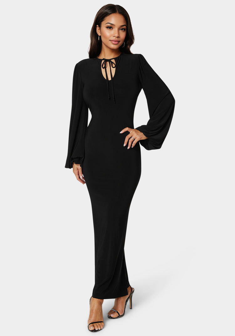 bebe Poet Sleeve Tie Neck Maxi Dress