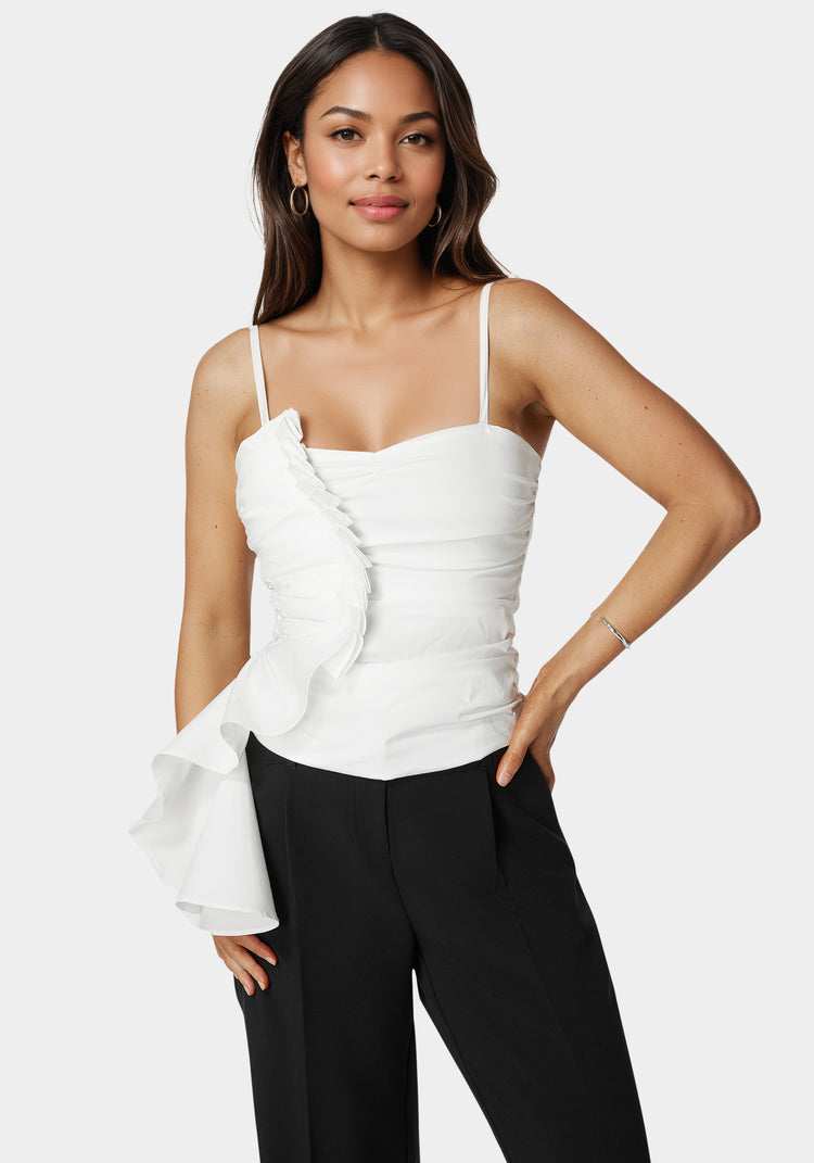 bebe Poplin Asymmetric Ruffle Top