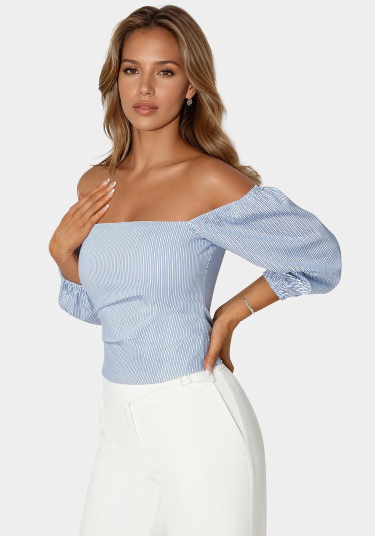 Bebe Poplin Bubble Sleeve Off Shoulder Draped Top